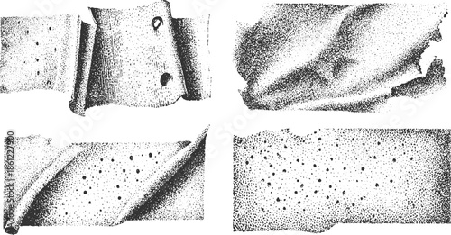 Black and white stippled abstract textures with holes and rolled edges