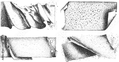 Four monochrome stippled of crumpled paper and fabric textures torn