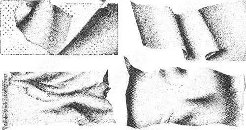 Four abstract black and white stippled textures of crumpled paper or fabric