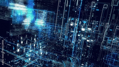 Futuristic digital network grid abstract technology data flow cyberspace connection glowing blue lines and nodes interconnected system visualization science innovation concept