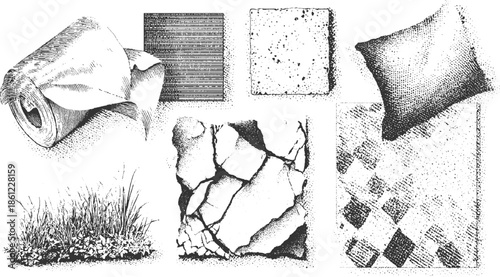 Black and white ink of a rolled paper a textured square cracked stones grass and a patterned fabric