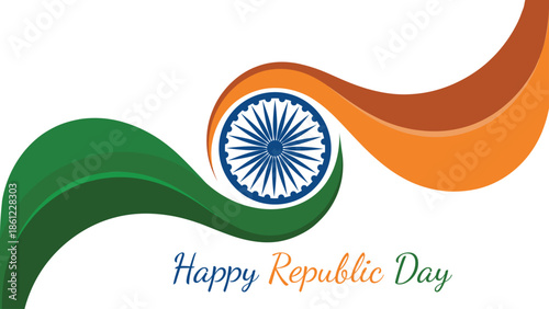 Happy Republic Day greeting design with flowing indian tricolor wave and ashoka chakra symbol for national celebration patriotic vector illustration