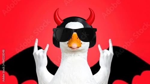 Funky duck character with sunglasses devil horns and wings in red background
