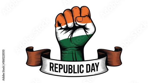 Indian republic day patriotic raised fist with tricolor hand and ribbon banner symbolizing freedom unity and national pride vector illustration