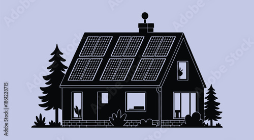 modern home silhouette with solar panels, sustainable residential design, Eco-friendly architecture, renewable energy concept, green living, solar-powered house vector illustration for environmental.