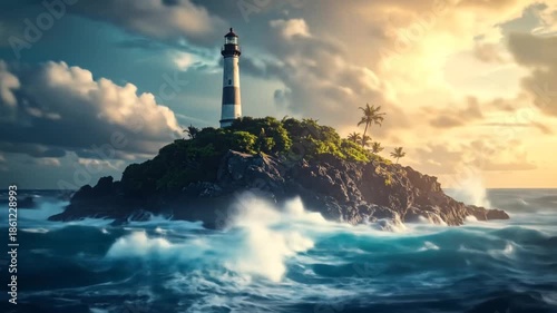 Lighthouse on rocky island sunrise