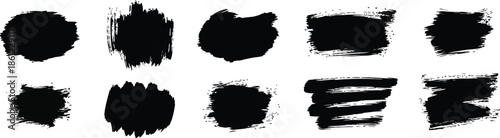 Abstract black brush strokes and paint splatters are arranged against a white background