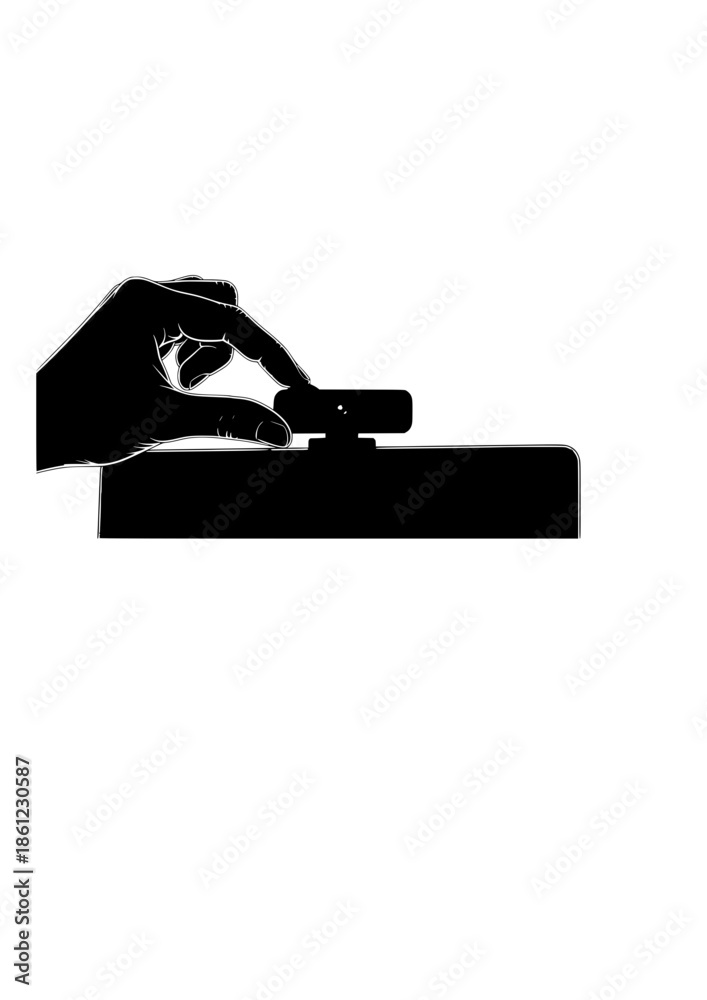 Obraz premium Cyber Security Privacy Silhouette of Hand Using Webcam Cover for Digital Safety and Information Protection Privacy Aware Tech Concept Vector