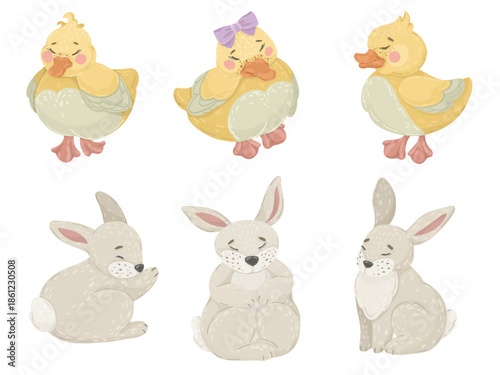 Easter clipart collection with cute bunnies, ducklings and festive cakes, spring animal vector illustration set, isolated elements for holiday cards and nursery deco