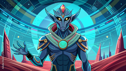 A mysterious humanized alien standing confidently, wearing symbolic accessories, one hand raised thoughtfully, merging alien features with human body language in a creative vector composition.