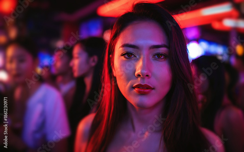 woman with long dark hair a...