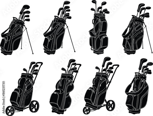 Golf bag vector silhouettes set, professional equipment collection with clubs and trolley carts, isolated black illustration for sport design, branding, icons