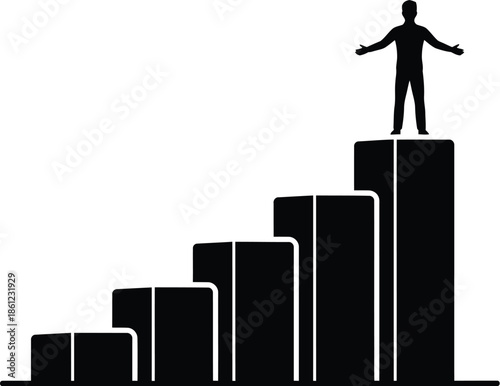 Silhouette of a successful businessman standing proudly atop a growing bar chart representing career achievement and upward momentum