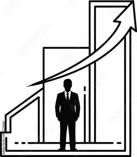 Business professional standing confidently before an upward trending bar chart symbolizing significant growth and achievement