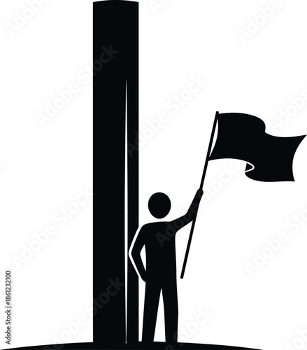 Stick figure person proudly stands next to a tall vertical pole holding a waving black flag symbolizing protest or declaration
