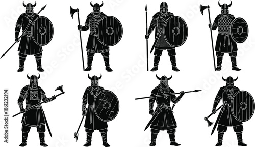 Viking warrior silhouette collection, medieval Norse fighters with axes and shields, black isolated characters set for history, mythology, fantasy vector illustration