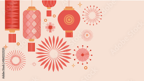 Modern abstract vector chinese lanterns and fireworks illustration on pink background