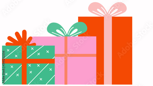 Colorful vector wrapped presents on glossy paper, gift boxes with ribbons and bows, festive