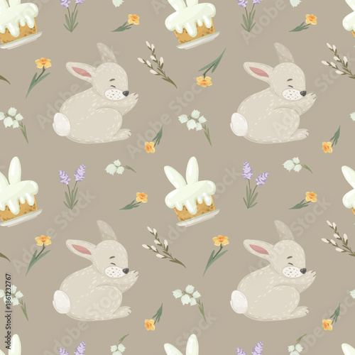 Adorable Easter bunny with carrot and spring flowers seamless pattern, rabbit with cake vector illustration, festive wildlife background