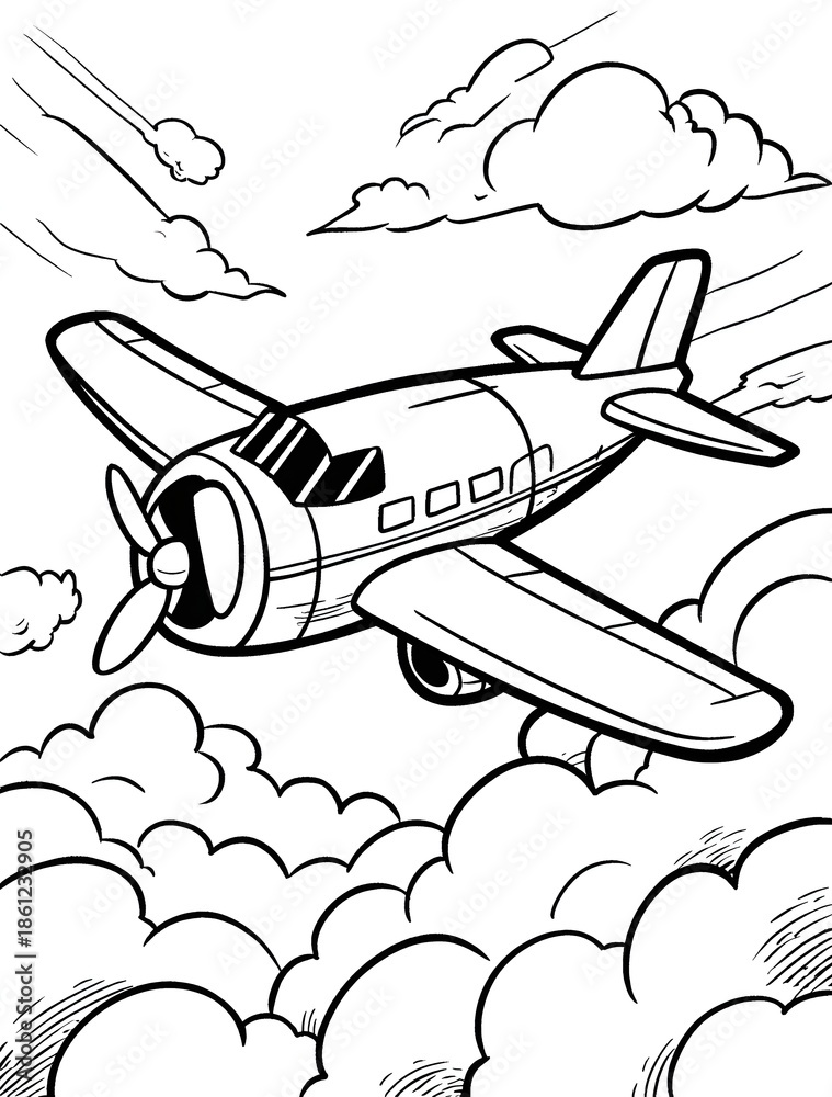 Naklejka premium Airplane in the sky with cloud coloring page
