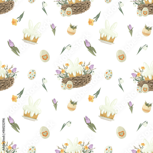 Easter basket with bunnies and festive cakes seamless pattern, spring flowers and eggs vector illustration, holiday celebration background