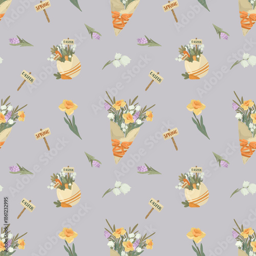 Spring flower bouquet and Easter egg decoration seamless pattern, snowdrop and narcissus vector illustration, floral garden background