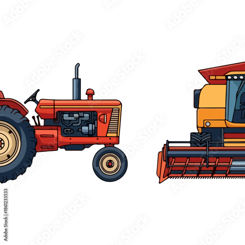 Tractor and Combine Harvester Side View.