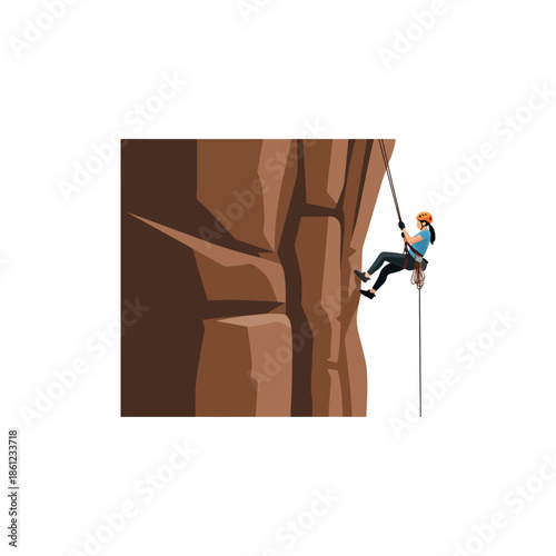 Man Rock Climbing Down Cliff Illustration.
