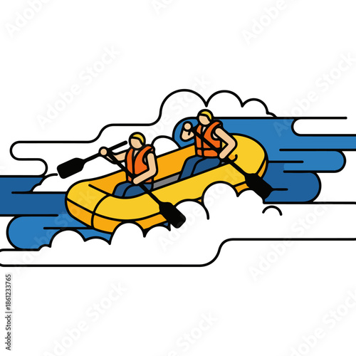 Two people white water rafting adventure on a yellow raft.
