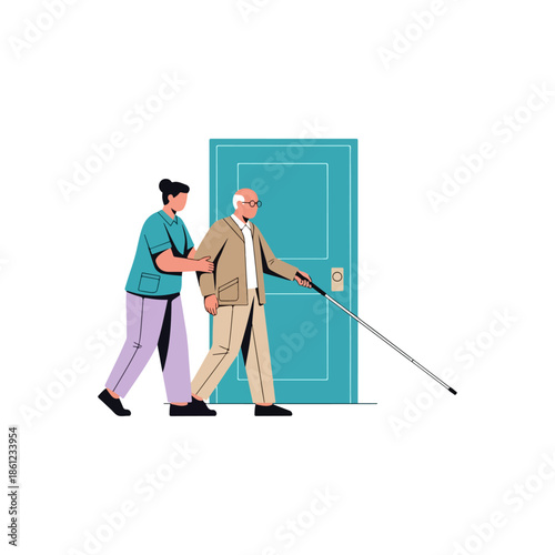 Man Assisting Elderly Person with Cane.