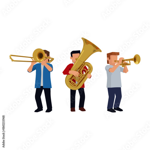 Three Musicians Playing Brass Instruments Together.