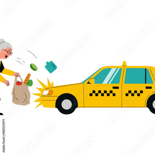 Elderly woman dropping groceries after being hit by a taxi.