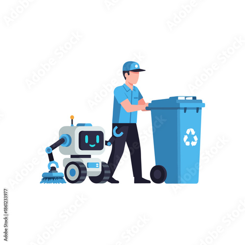 Man in Uniform with Recycling Bin and Robot.