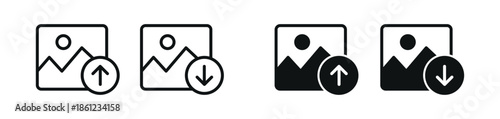 Image upload and download icon set with picture symbols, showing file transfer actions for user interface, gallery management, cloud storage and digital media workflow