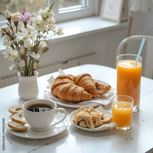 breakfast with croissant and coffee