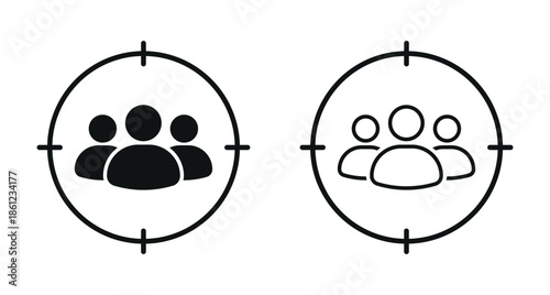 Target user icon with group of people inside focus circle, flat vector illustration representing audience targeting, customer segmentation, user research, marketing strategy and user interface concept