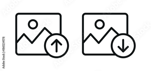 Image upload and download icon set with picture symbols, showing file transfer actions for user interface, gallery management, cloud storage and digital media workflow
