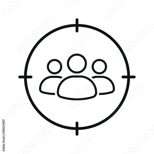 Target user icon with group of people inside focus circle, flat vector illustration representing audience targeting, customer segmentation, user research, marketing strategy and user interface concept