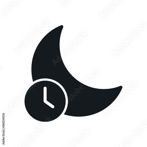 Night mode icon with crescent moon and clock symbol, representing sleep time, quiet hours, dark theme scheduling and time management concept