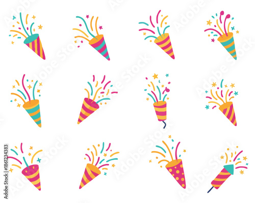 Colorful Party Popper Illustration Set for Celebration and Festival Event