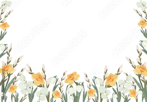 Spring flower frame with yellow narcissus and snowdrops, hand drawn vector illustration. Horizontal floral border with copy space for Easter or Mother's day