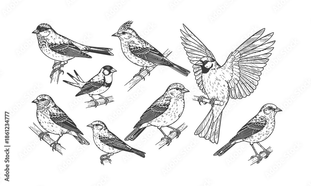 Obraz premium Detailed hand drawn collection of birds perched on branches illustration