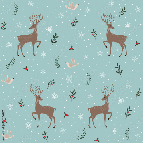 snowflakes christmas winter deer and birdy seamless pattern. Reindeer and dove blue white frozen snow backround. good for fabric, fashion design, textile, wallpaper, wrapping paper.