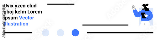 Female professional pointing while holding a tablet, accompanied by abstract UI lines and circles. Ideal for concepts thumbs up leadership, teamwork, analytics, training, planning, and technology