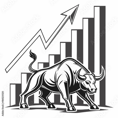 Metallic bull standing in front of industrial financial chart graph 1