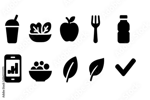 Healthy food, nutrition solid icon set. Vegan, organic, diet symbols collection