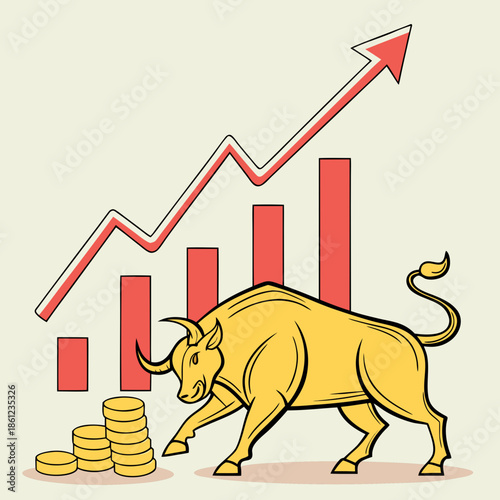 Golden bull next to rising economic bars and coins