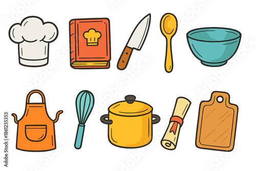 Cooking and kitchen outline icon set. Chef, utensils, and recipe book icons collection