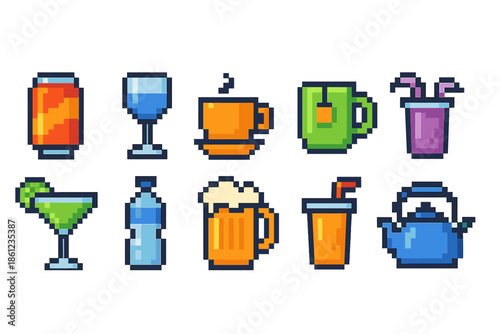 Beverage pixel icon set. Drinks, cocktails, tea, coffee icons pixel art collection.