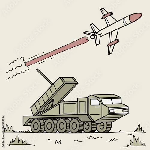 Military vehicle launching missile at airplane missile launcher
